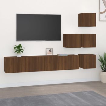 Mueble Tv De Pared | Mueble De Salón | Armario Tv Madera Contrachapada Roble Marrón Cfw776792