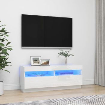 Mueble Tv | Mueble De Salón | Armario Tv Con Luces Led Blanco Brillante 100x35x40 Cm Cfw776915