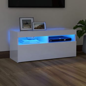 Mueble Tv | Mueble De Salón | Armario Tv Con Luces Led Blanco Brillante 90x35x40 Cm Cfw776933