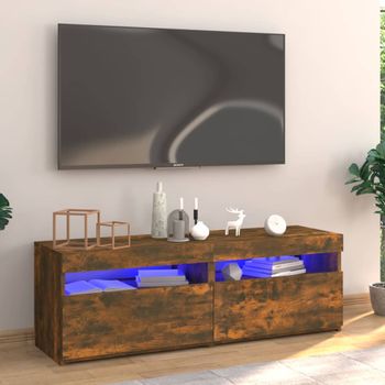 Mueble Tv | Mueble De Salón | Armario Tv Con Luces Led Roble Ahumado 120x35x40 Cm Cfw777050