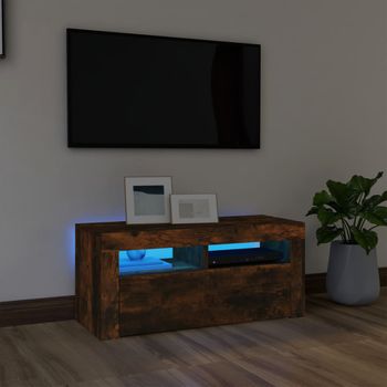 Mueble Tv | Mueble De Salón | Armario Tv Con Luces Led Roble Ahumado 90x35x40 Cm Cfw777060