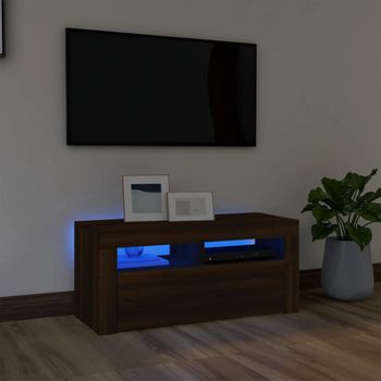 Mueble Tv | Mueble De Salón | Armario Tv Con Luces Led Roble Marrón 90x35x40 Cm Cfw777065