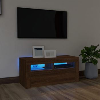 Mueble Tv | Mueble De Salón | Armario Tv Con Luces Led Roble Marrón 90x35x40 Cm Cfw777066