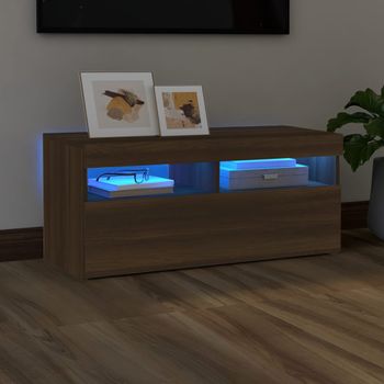 Mueble Tv | Mueble De Salón | Armario Tv Con Luces Led Roble Marrón 90x35x40 Cm Cfw777067