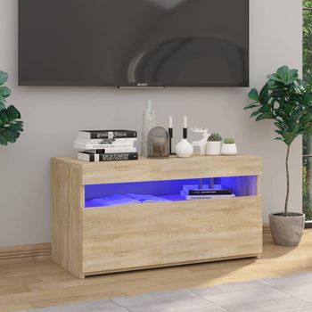 Mueble Tv | Mueble De Salón | Armario Tv Con Luces Led Roble Sonoma 75x35x40 Cm Cfw777082