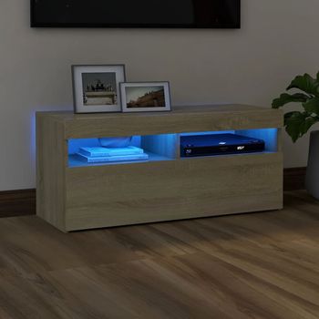 Mueble Tv | Mueble De Salón | Armario Tv Con Luces Led Roble Sonoma 90x35x40 Cm Cfw777084