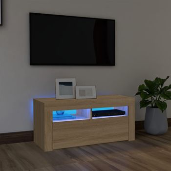 Mueble Tv | Mueble De Salón | Armario Tv Con Luces Led Roble Sonoma 90x35x40 Cm Cfw777085