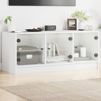 Mueble Tv | Mueble De Salón | Armario Tv Con Puertas De Vidrio Blanco 102x37x42 Cm Cfw777114