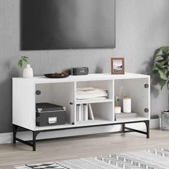 Mueble Tv | Mueble De Salón | Armario Tv Con Puertas De Vidrio Blanco 102x37x50 Cm Cfw777116