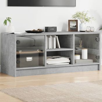 Mueble Tv | Mueble De Salón | Armario Tv Con Puertas De Vidrio Gris Hormigón 102x37x42 Cm Cfw777118