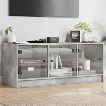 Mueble Tv | Mueble De Salón | Armario Tv Con Puertas De Vidrio Gris Hormigón 102x37x42 Cm Cfw777119