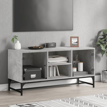 Mueble Tv | Mueble De Salón | Armario Tv Con Puertas De Vidrio Gris Hormigón 102x37x50 Cm Cfw777120