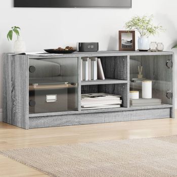 Mueble Tv | Mueble De Salón | Armario Tv Con Puertas De Vidrio Gris Sonoma 102x37x42 Cm Cfw777122