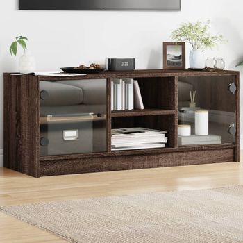 Mueble Tv | Mueble De Salón | Armario Tv Con Puertas De Vidrio Marrón Roble 102x37x42 Cm Cfw777126