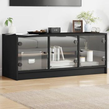 Mueble Tv | Mueble De Salón | Armario Tv Con Puertas De Vidrio Negro 102x37x42 Cm Cfw777130