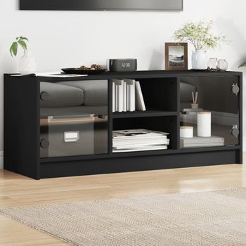 Mueble Tv | Mueble De Salón | Armario Tv Con Puertas De Vidrio Negro 102x37x42 Cm Cfw777131