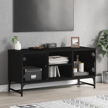 Mueble Tv | Mueble De Salón | Armario Tv Con Puertas De Vidrio Negro 102x37x50 Cm Cfw777132