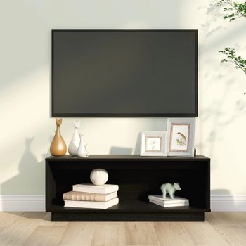 Mueble Tv | Mueble De Salón | Armario Tv De Madera Maciza De Pino Negro 90x35x35 Cm Cfw777265