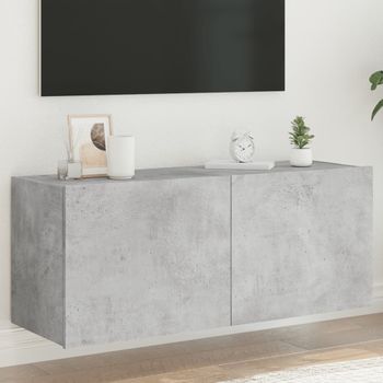 Mueble Tv De Pared | Mueble De Salón | Armario Tv Con Luces Led Gris Hormigón 100x35x41 Cm Cfw777295