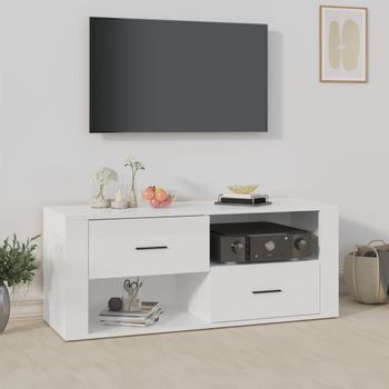 Mueble Tv | Mueble De Salón | Armario Tv Madera Contrachapada Blanco Brillo 100x35x40 Cm Cfw777481