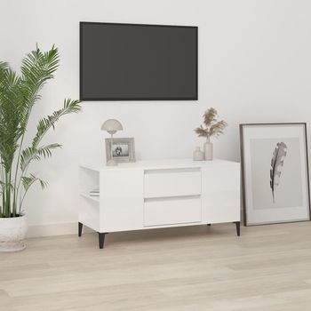 Mueble Tv | Mueble De Salón | Armario Tv Madera Contrachapada Blanco Brillo 102x44,5x50 Cm Cfw777503