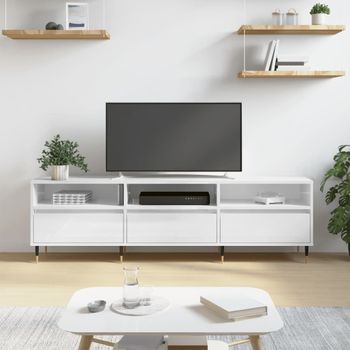 Mueble Tv | Mueble De Salón | Armario Tv Madera Contrachapada Blanco Brillo 150x30x44,5 Cm Cfw777509