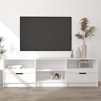 Mueble Tv | Mueble De Salón | Armario Tv Madera Contrachapada Blanco Brillo 150x33,5x45 Cm Cfw777513