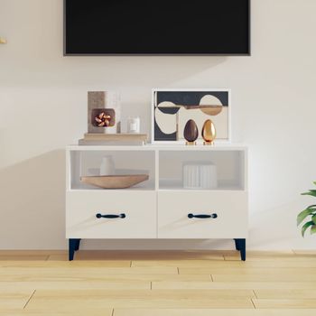 Mueble Tv | Mueble De Salón | Armario Tv Madera Contrachapada Blanco Brillo 80x36x50 Cm Cfw777524