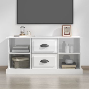 Mueble Tv | Mueble De Salón | Armario Tv Madera Contrachapada Blanco Brillo 99,5x35,5x48 Cm Cfw777528