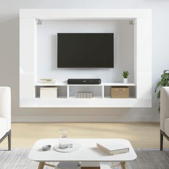 Mueble Tv | Mueble De Salón | Armario Tv Madera De Ingeniería Blanco Brillo 152x22x113 Cm Cfw777764