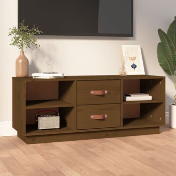 Mueble Tv | Mueble De Salón | Armario Tv Madera Maciza De Pino Marrón Miel 100x34x40 Cm Cfw778078