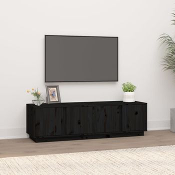 Mueble Tv | Mueble De Salón | Armario Tv Madera Maciza De Pino Negro 140x40x40 Cm Cfw778112