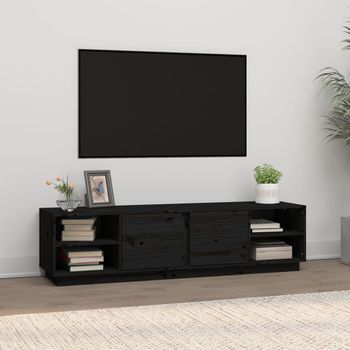 Mueble Tv | Mueble De Salón | Armario Tv Madera Maciza De Pino Negro 156x40x40 Cm Cfw778113