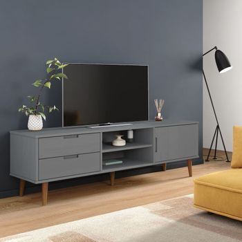 Mueble Tv | Mueble De Salón | Armario Tv Molde Madera Maciza De Pino Gris 158x40x49 Cm Cfw778176