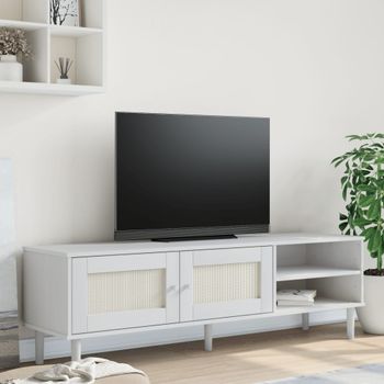 Mueble Tv | Mueble De Salón | Armario Tv Senja Aspecto Ratán Madera Pino Blanco 158x40x49cm Cfw778196