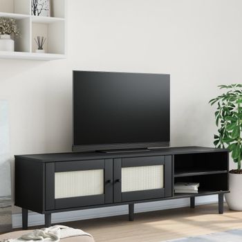 Mueble Tv | Mueble De Salón | Armario Tv Senja Aspecto Ratán Madera Pino Negro 158x40x49 Cm Cfw778199