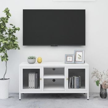 Mueble Tv | Mueble De Salón | Armario Tv Acero Y Vidrio Blanco 105x35x52 Cm Cfw778384