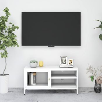 Mueble Tv | Mueble De Salón | Armario Tv Acero Y Vidrio Blanco 90x30x44 Cm Cfw778385