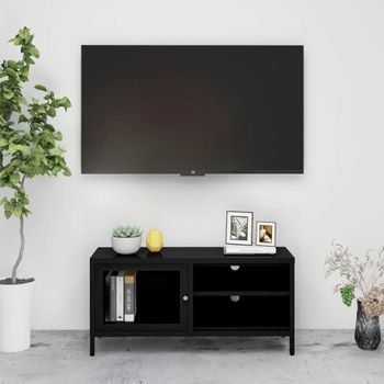 Mueble Tv | Mueble De Salón | Armario Tv Acero Y Vidrio Negro 90x30x44 Cm Cfw778388