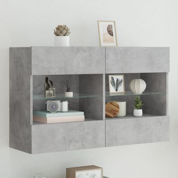 Mueble Tv De Pared | Mueble De Salón | Armario Tv Con Luces Led Gris Hormigón 98,5x30x60,5 Cm Cfw779336