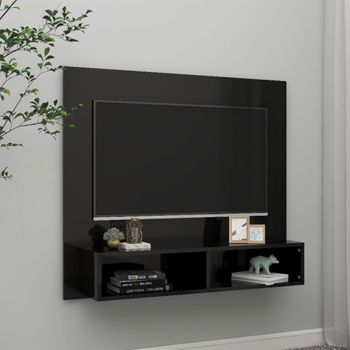 Mueble Tv De Pared | Mueble De Salón | Armario Tv Contrachapado Negro Brillante 102x23,5x90 Cm Cfw779348