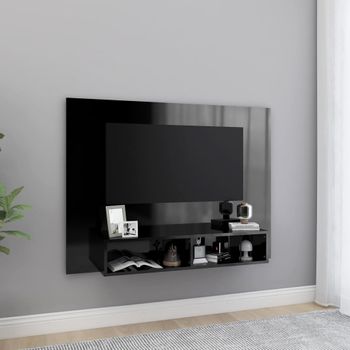 Mueble Tv De Pared | Mueble De Salón | Armario Tv Contrachapado Negro Brillante 120x23,5x90 Cm Cfw779349