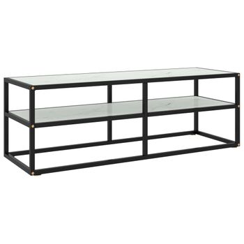 Mueble Tv | Mueble De Salón | Armario Tv Negro Con Vidrio De Mármol Blanco 120x40x40 Cm Cfw779274