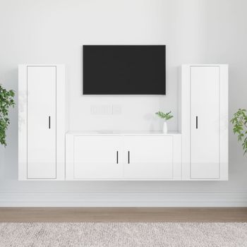 Set De 3 Uds Muebles Tv | Mueble De Salón | Armario Tv Madera Contrachapada Blanco Brillo Cfw788805