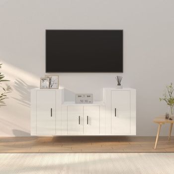 Set De 3 Uds Muebles Tv | Mueble De Salón | Armario Tv Madera Contrachapada Blanco Brillo Cfw788818