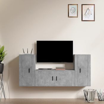 Set De 3 Uds Muebles Tv | Mueble De Salón | Armario Tv Madera Contrachapada Gris Hormigón Cfw788827