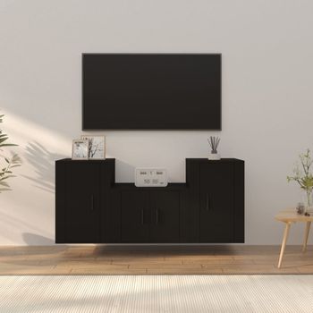 Set De 3 Uds Muebles Tv | Mueble De Salón | Armario Tv Madera Contrachapada Negro Cfw789126