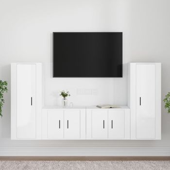 Set De 4 Uds Muebles Tv | Mueble De Salón | Armario Tv Madera Contrachapada Blanco Brillo Cfw788858