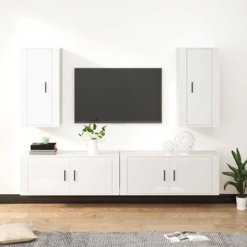 Set De 4 Uds Muebles Tv | Mueble De Salón | Armario Tv Madera Contrachapada Blanco Brillo Cfw788862