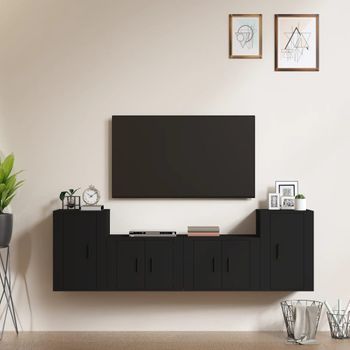 Set De 4 Uds Muebles Tv | Mueble De Salón | Armario Tv Madera Contrachapada Negro Cfw789216